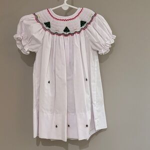 Rosalina Collections White Smocked Kids Dress with Christmas Trees; Size 12M